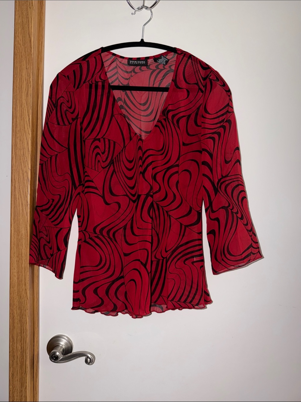 New York & Company Red and Black Swirl V-Neck Blouse